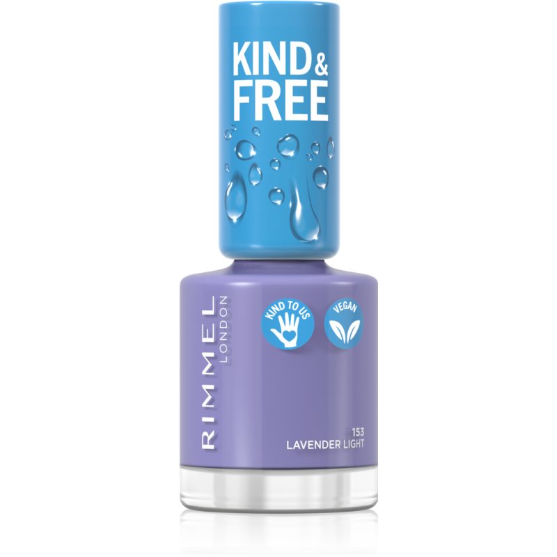 Rimmel Kind & Free Nail Polish in shade 153 Lavender Light features a light lavender color with a sleek bottle design and eco-friendly labels indicating it is vegan and kind to skin.