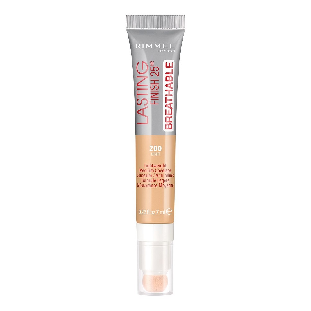 Rimmel Lasting Finish Breathable Concealer in Light, featuring a sleek tube with a sponge applicator, lightweight formula, and a light beige shade for medium coverage.