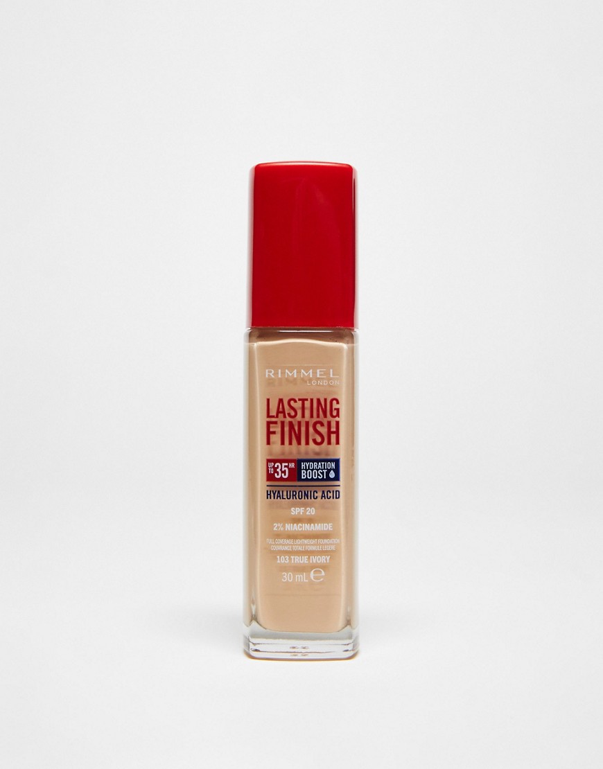 Rimmel Lasting Finish 35H Foundation in Porcelain Fair, 30ml bottle with a clear glass body and a bright red cap, features SPF 20 and claims hydration benefits.