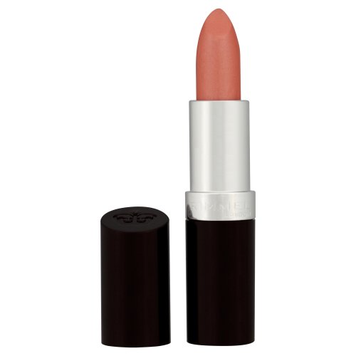 Rimmel Lasting Finish Lipstick in Nude Pink, featuring a sleek silver and black tube, with a soft, creamy pink bullet visible above the open cap.