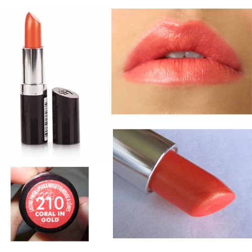 Rimmel London Lasting Finish Lipstick in shade 210, a vibrant coral hue, features a sleek black tube with a silver cap and a smooth, creamy texture on the lips.