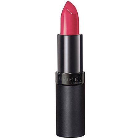 Rimmel London Lasting Finish Lipstick by Kate Moss in a vibrant pink shade, housed in a sleek black tube with a glossy finish and a distinctive curved bullet tip.