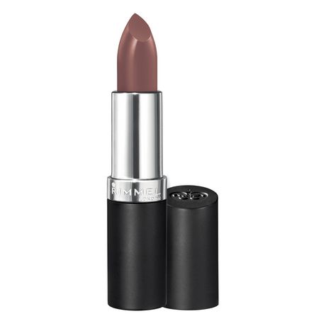 Rimmel London Lasting Finish Lipstick in shade 710 Get Dirty features a creamy, matte mauve color in a sleek silver and black tube.