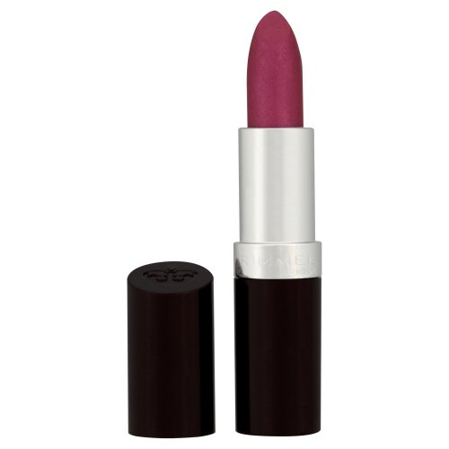 Rimmel Lasting Finish Lipstick in a sleek black tube with a silver band, featuring a vibrant pink shade, designed for up to 8 hours of wear and a smooth, creamy texture.
