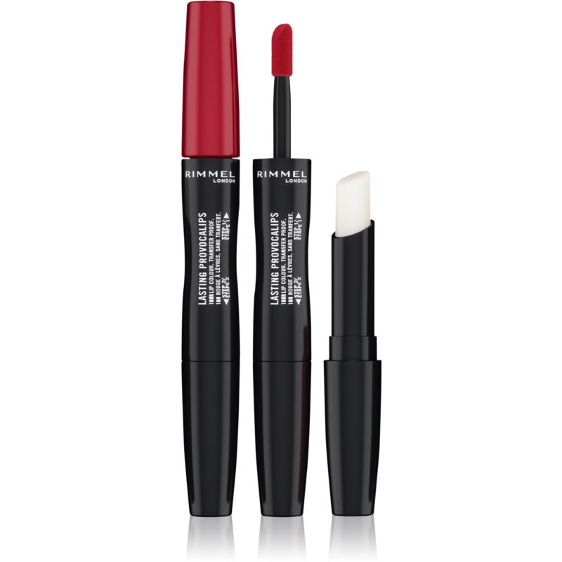 Rimmel Lasting Finish Provocalips Liquid Lipstick in shade 740 Caught Red Lipped, featuring a red liquid lipstick applicator and a clear topcoat in a sleek black packaging.
