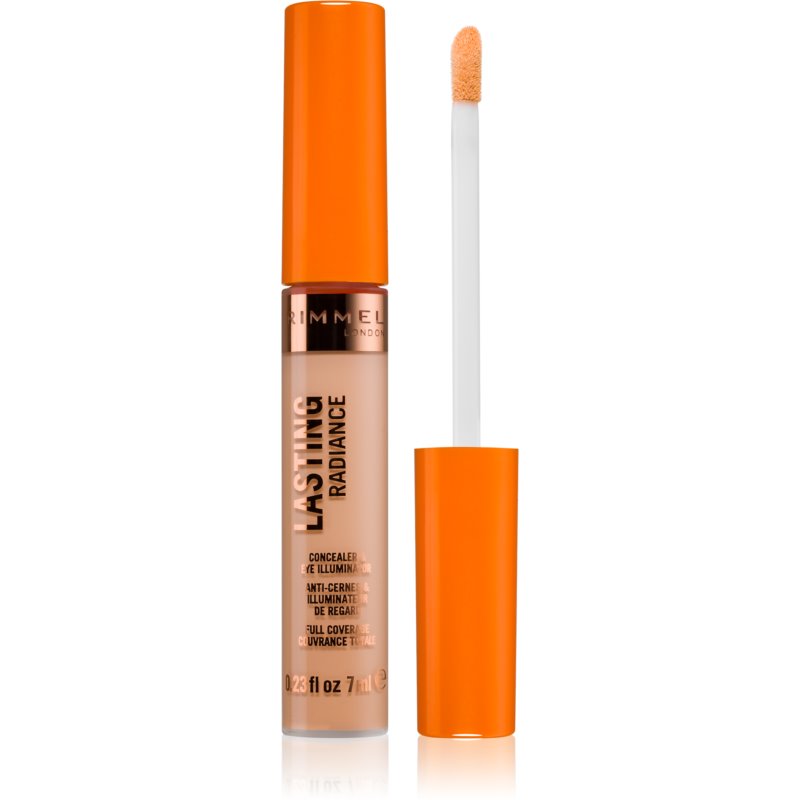 Rimmel Lasting Radiance Illuminating Concealer in Shade 040 Soft Beige, featuring a clear tube with an orange cap and a sponge applicator for easy application.