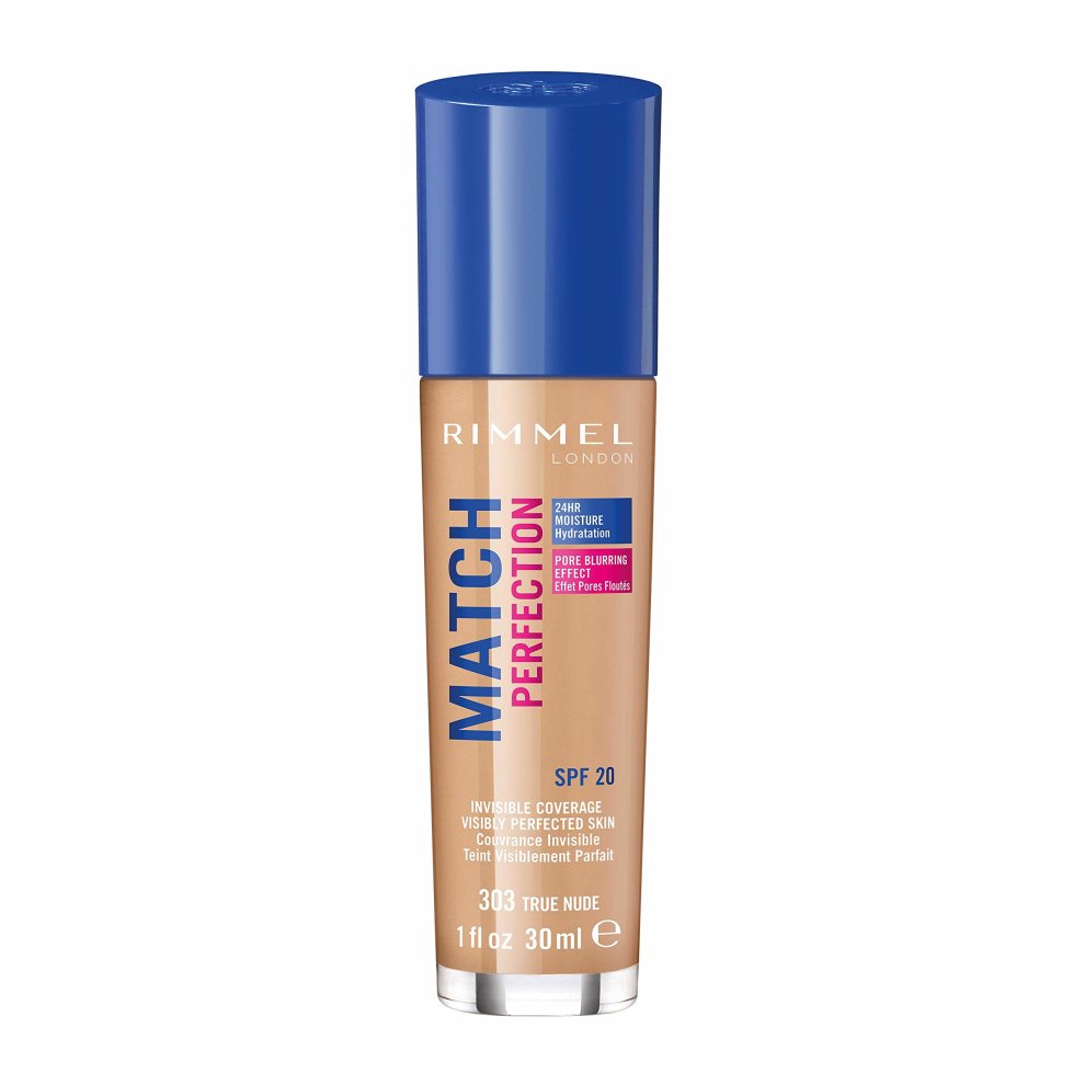 Rimmel Match Perfection Liquid Foundation in 303 True Nude, 30 ml, features a sleek glass bottle with a blue cap, labeled with SPF 20 and key product details in vibrant colors.