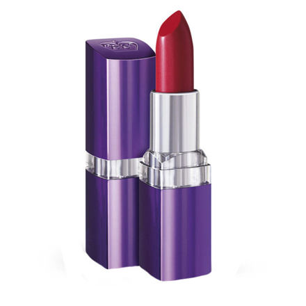 Unisex moisture renew lipstick in Amethyst Shimmer, featuring a sleek purple and silver tube with a vibrant red bullet, size 4ml by Rimmel.