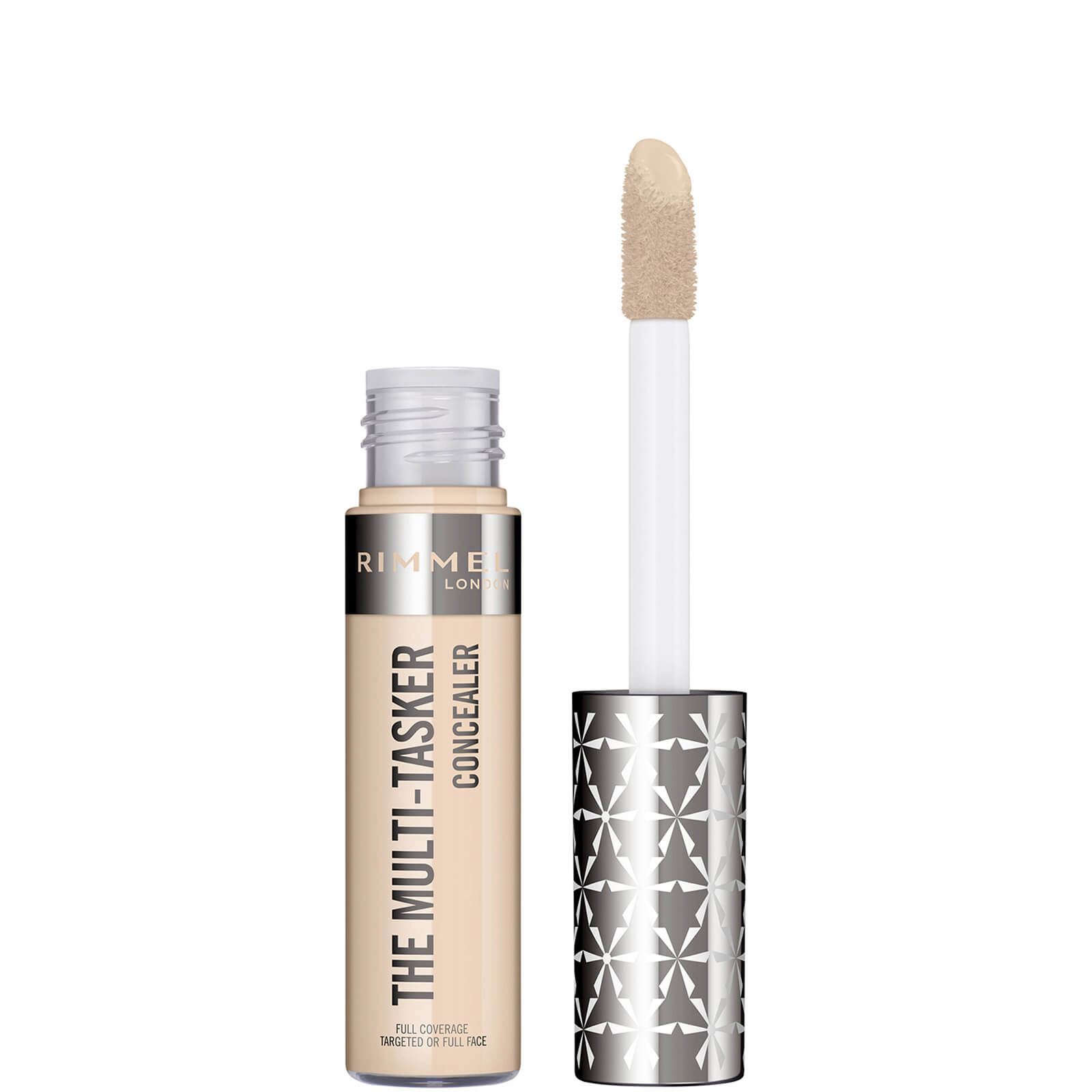 Debenhams Multi-Tasker Concealer in Porcelain, featuring a 10ml tube with a clear body, silver star-patterned cap, and a doe-foot applicator for easy application.
