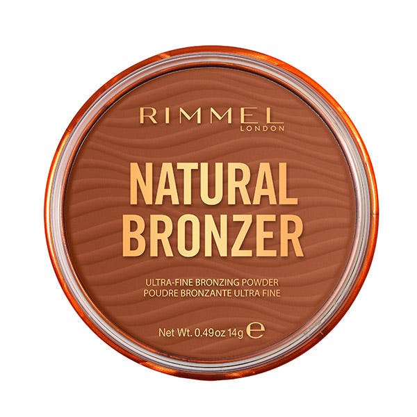 Debenhams Natural Bronzer in Sundown features a round, clear compact with an orange lid, showcasing a smooth, warm-toned bronzing powder with "Natural Bronzer" embossed on the surface.