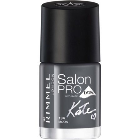 Rimmel Salon Pro by Kate Nail Polish in 12ml, featuring a sleek black cap, a glossy dark gray shade labeled "134 Moon," and a signature design on the bottle.