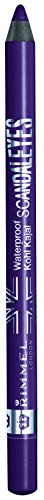 Rimmel London Scandaleyes Waterproof Khol Kajal in vibrant purple, featuring a sleek pencil design with silver accents and a pointed tip for precise application.
