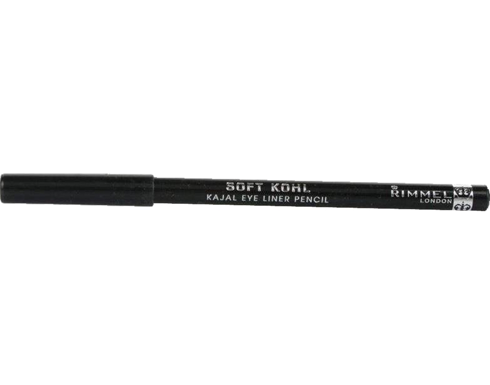 Black pencil eyeliner with a smooth finish, labeled "Soft Khol 061 Jet Black" by Rimmel, featuring a sleek design and a pointed tip for precise application.
