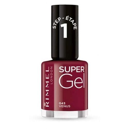 Rimmel Super Gel STEP1 nail polish in a deep burgundy shade, featuring a sleek black cap with "STEP 1" label, in a 12 ml bottle.