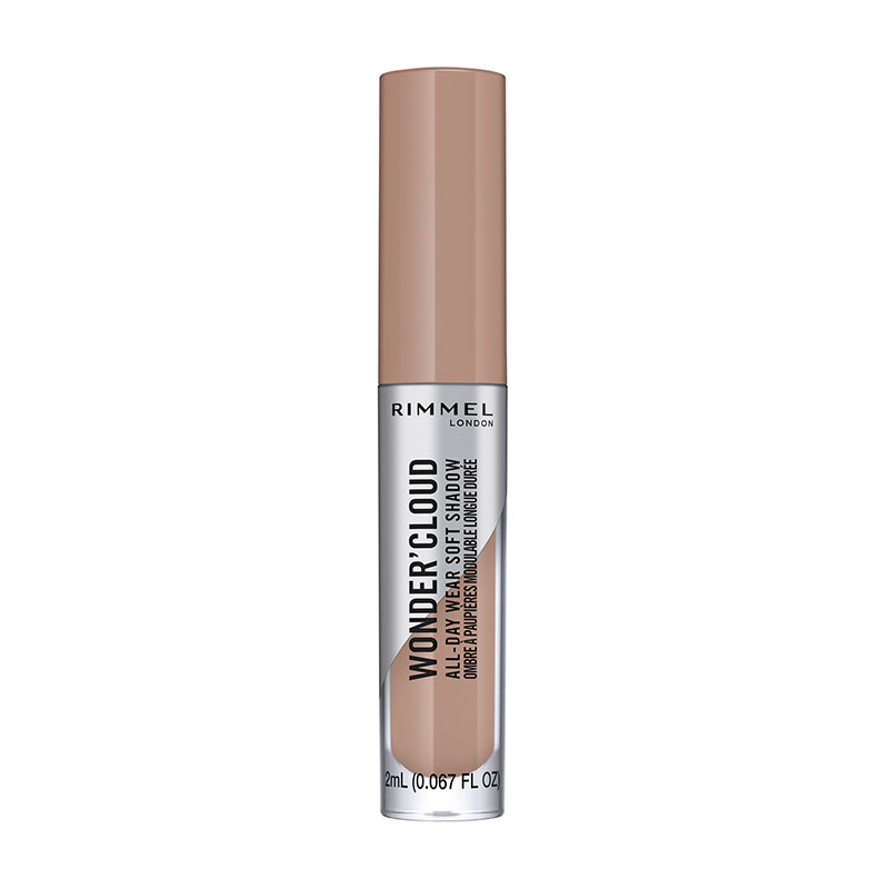 Liquid eyeshadow in a sleek, clear tube with a beige shade labeled "002 Foggy Beige," featuring a soft applicator tip for easy application.