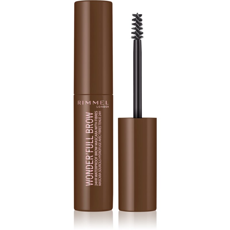 Rimmel Wonder Full Brow eyebrow mascara in a 4 ml brown tube with a black applicator brush, featuring a sleek design and the brand name prominently displayed.