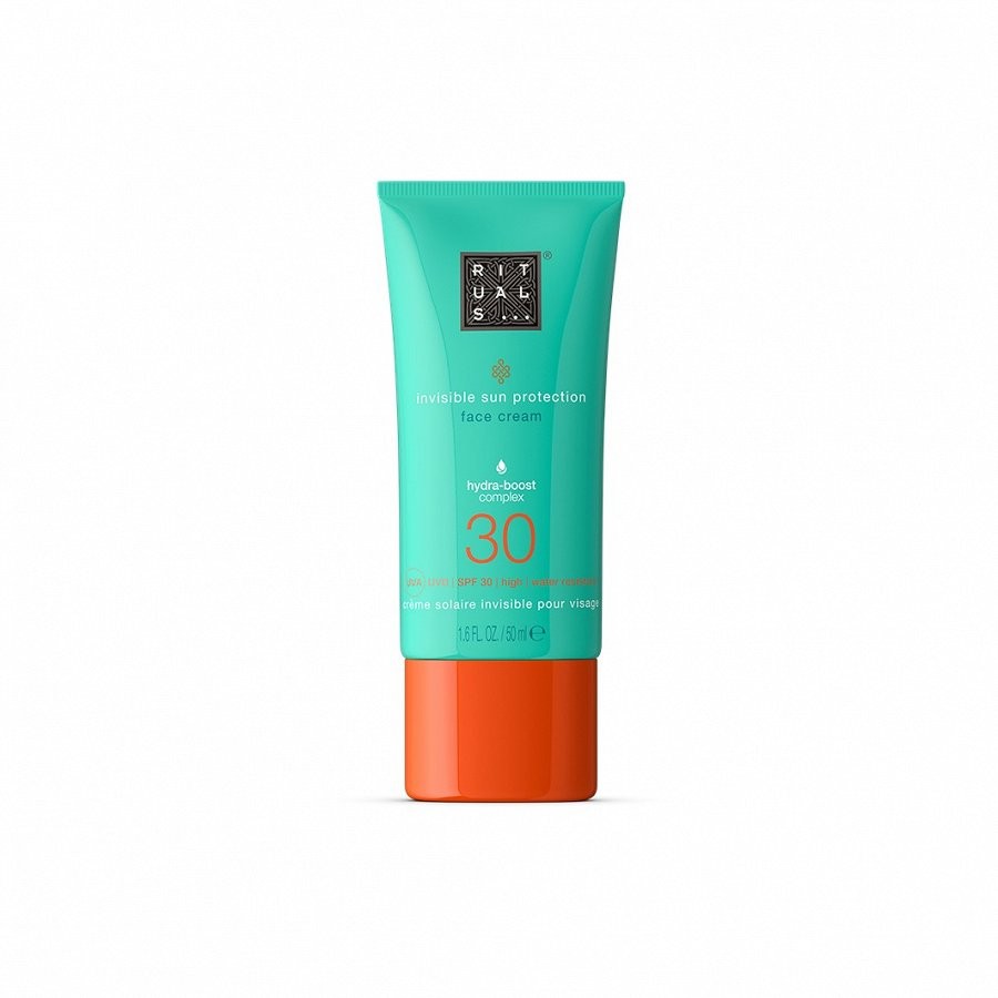 Turquoise tube of Rituals Invisible Sun Protection Face Cream SPF 30, featuring a sleek design with a silver logo and white text, 50ml size, ideal for sun protection.