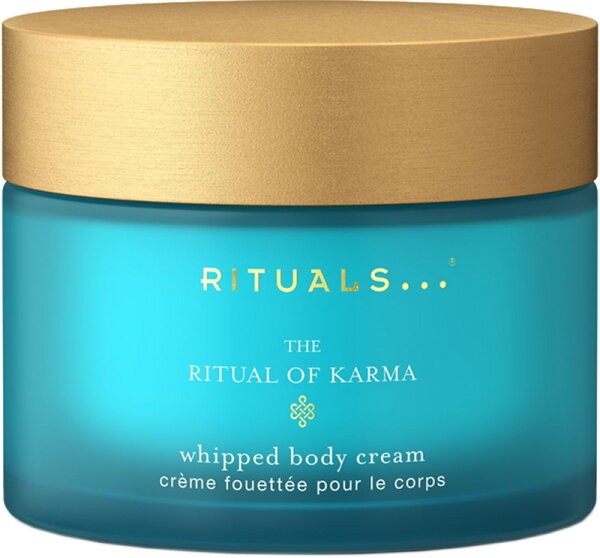 A turquoise jar with a gold lid labeled "RITUALS... THE RITUAL OF KARMA Whipped Body Cream 220 ML," featuring a sleek, modern design.