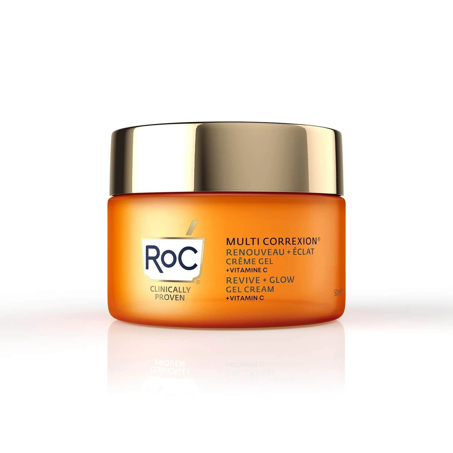 Orange jar with a gold lid labeled "ROC Multi Correxion Rich Revive & Glow Anti-Aging Unifying Cream," featuring vitamin C and a sleek design, size 50ml/1.7oz.