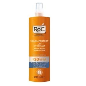 RoC Soleil-Protect Moisturising Spray Lotion SPF30 in a tall, orange bottle with a white cap, featuring branding and product details prominently displayed on the front.