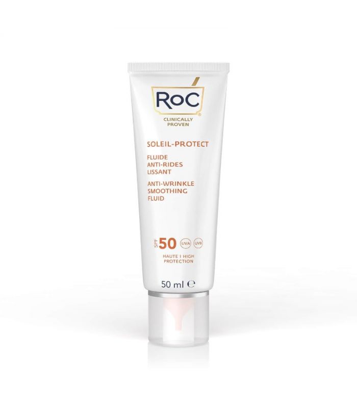 White tube with a flip-top cap, featuring the ROC logo and product name in orange text; labeled SPF 50, designed to visibly reduce wrinkles, contains 50ml of anti-wrinkle smoothing fluid.