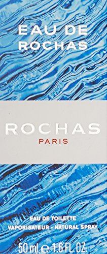 Bright blue packaging with a wavy design, featuring "Eau De Rochas" and "ROCHAS PARIS" in bold white letters, indicating a 50ml Eau De Toilette spray.