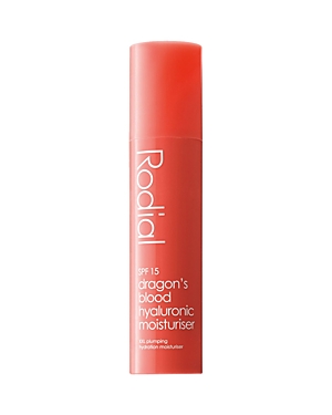 Bright red cylindrical bottle with a sleek design, featuring white text that reads "Rodial" and "Dragon's Blood Hyaluronic Moisturiser SPF 15" prominently on the front.