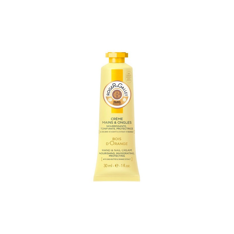 Yellow tube of Roger & Gallet Bois D'Orange Hand and Nail Cream, 30ml, featuring a round logo and a flip-top cap, with text in both French and English.