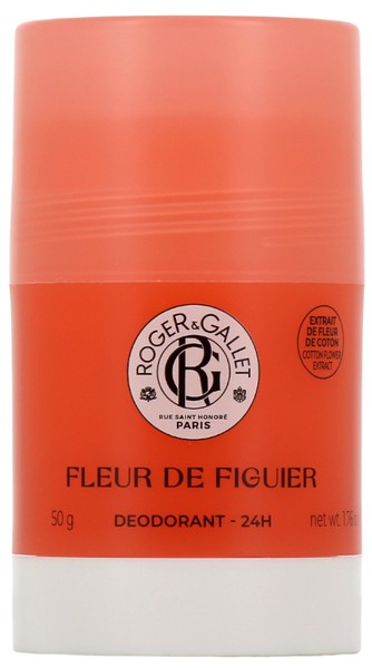 Orange cylindrical deodorant stick with a white cap, labeled "Roger & Gallet Fig Blossom," featuring a logo and text in black and white, designed for unisex use.
