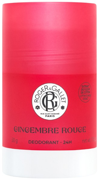 Red cylindrical deodorant stick with a white base, featuring a prominent logo and the text "Gingembre Rouge" in black, indicating a 24-hour protection formula.