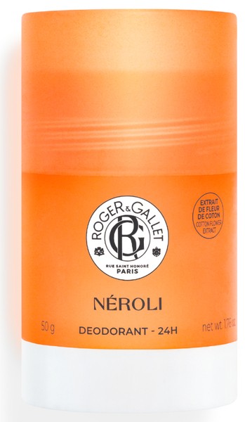Orange cylindrical deodorant stick with a white base, featuring the Roger & Gallet logo and "NÉROLI" label, indicating a 24-hour protection formula, 50g size.