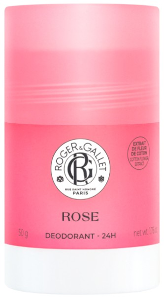 Pink cylindrical deodorant stick with a white cap, labeled "Roger & Gallet Rose Deodorant Stick 24h," featuring a logo and floral design, net weight 50g.