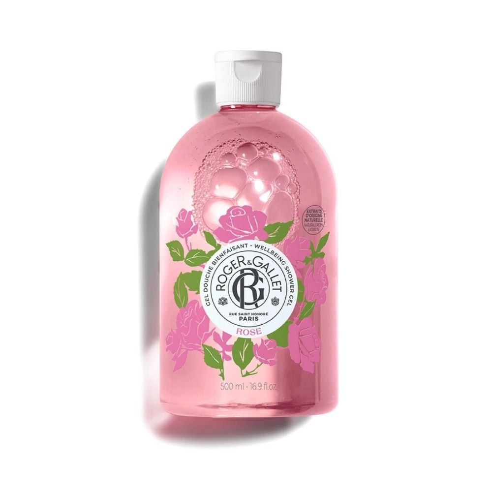 Transparent pink bottle of Roger & Gallet Rose Perfumed Shower Gel, featuring floral graphics, a white cap, and a label with the brand name and product details.