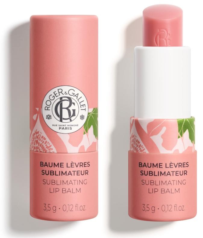 Pink cylindrical lip balm tube with floral design, featuring the Roger & Gallet logo, labeled "Sublimating Lip Balm" with a net weight of 3.5g.