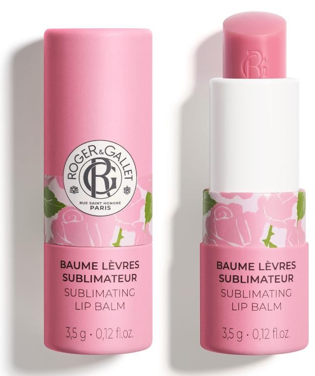 Pink cylindrical lip balm tube with floral design and white cap, labeled "Roger & Gallet Rose Sublimating Lip Balm," featuring 3.5g of product.