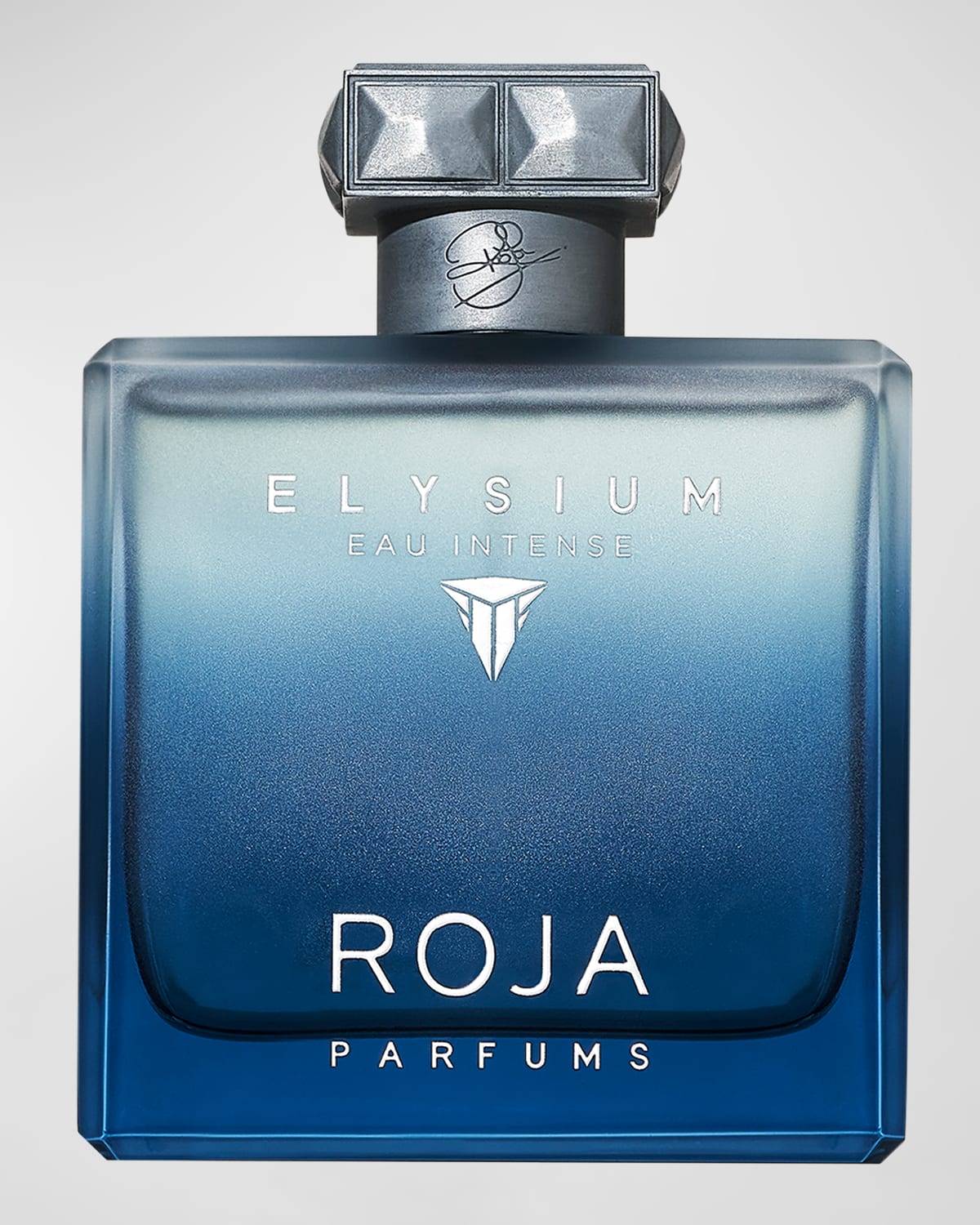 Clear glass bottle with a gradient blue design, featuring a silver cap and the text "ELYSIUM EAU INTENSE" and "ROJA PARFUMS" prominently displayed.