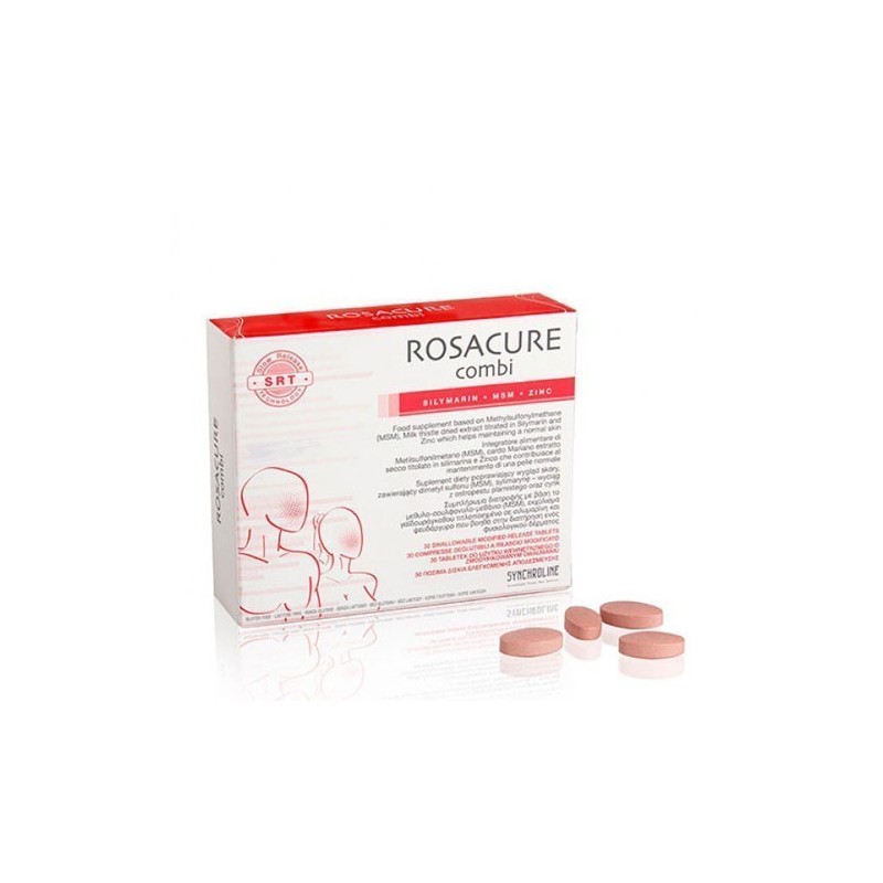 Rosacure Combi box in white and red, featuring 30 pink tablets, with detailed product information on the packaging and a clean, minimalist design.