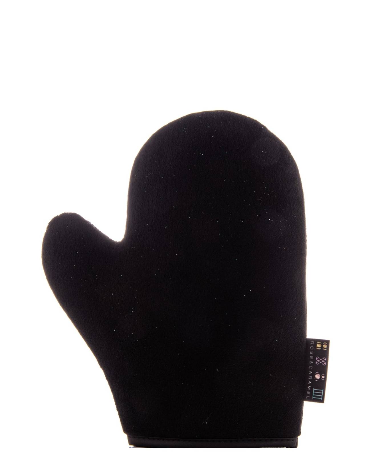 Black tanning mitt with a soft, velvety texture, featuring a rounded shape and a tag on the side, designed for even application of self-tanner.