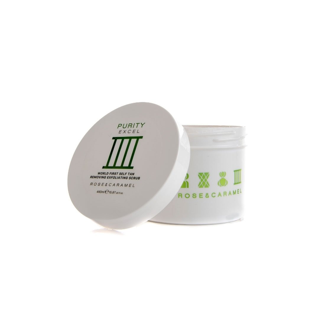 White container with a green label featuring "Purity Excel" and "Rose & Caramel," showcasing a removable lid, designed for self-tan removal and exfoliation, 200ml size.