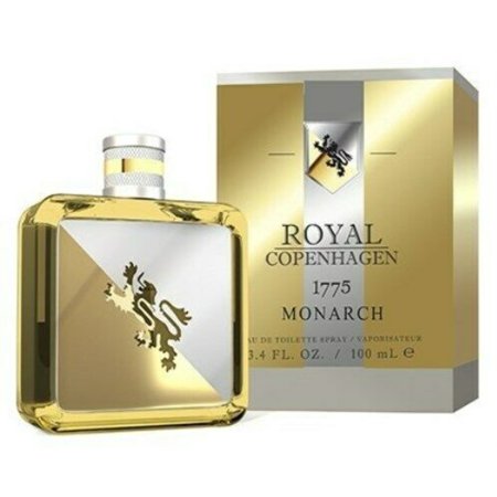 Clear glass bottle with a gold and silver label featuring a lion emblem, housed in a gold and white box, labeled "Royal Copenhagen 1775 Monarch" in elegant font.