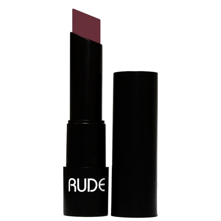 Matte lipstick in a deep burgundy shade, housed in a sleek black tube with "RUDE" branding, featuring a straight-edge bullet for precise application.