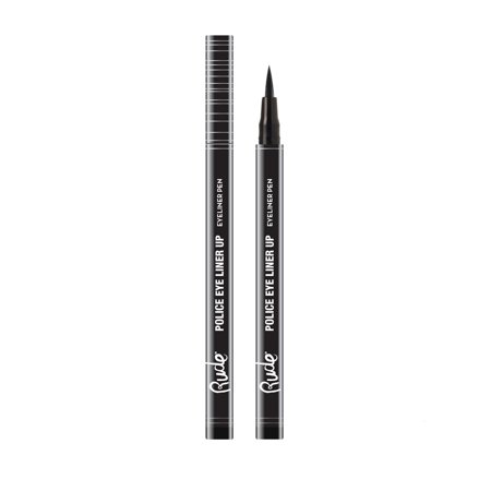 Black eyeliner pen with a fine tip, featuring a sleek design and "POLICE EYELINER UP" text in white, showcasing a modern, edgy aesthetic by RUDE COSMETICS.