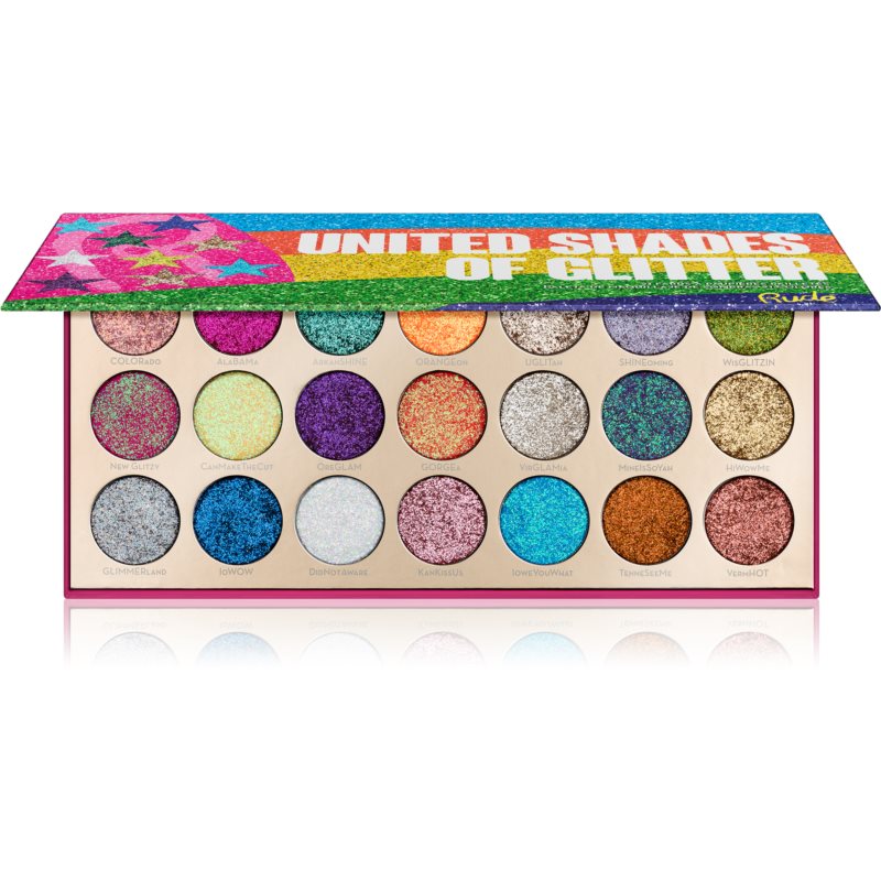 Pressed glitter palette featuring 21 vibrant shades in various colors, including blue, purple, gold, and silver, housed in a colorful, eye-catching packaging.