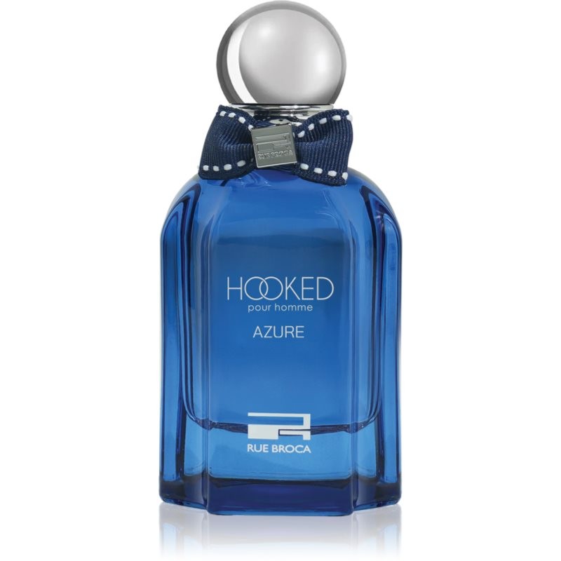 Blue glass bottle with a sleek design, featuring a silver cap and a navy bow tie accent, labeled "HOOKED AZURE pour homme" in white text.