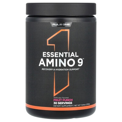 Black container with a bold orange "1" and white text reading "Essential Amino 9," labeled as "Fruit Punch," containing 11.64 oz (330 g) and offering 30 servings.