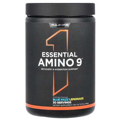 Black container with a matte finish, featuring a large white "1" on the front, labeled "Essential Amino 9" in bold white text, with "Blue Razz Lemonade" flavor and 30 servings noted below.