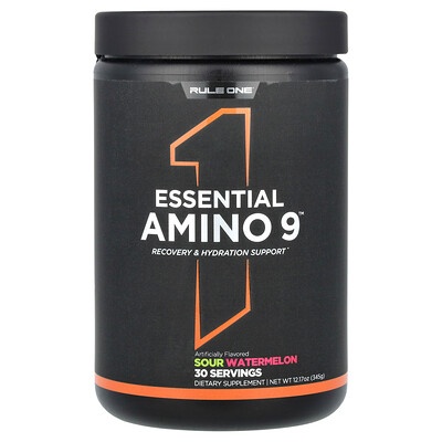 Black container with orange and white text, labeled "Essential Amino 9" and "Sour Watermelon," indicating 30 servings and 12.17 oz, featuring a prominent number "1" on the front.