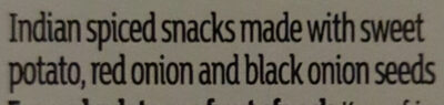 Indian spiced snacks featuring sweet potato, red onion, and black onion seeds, presented in a clear packaging with a simple, bold font.