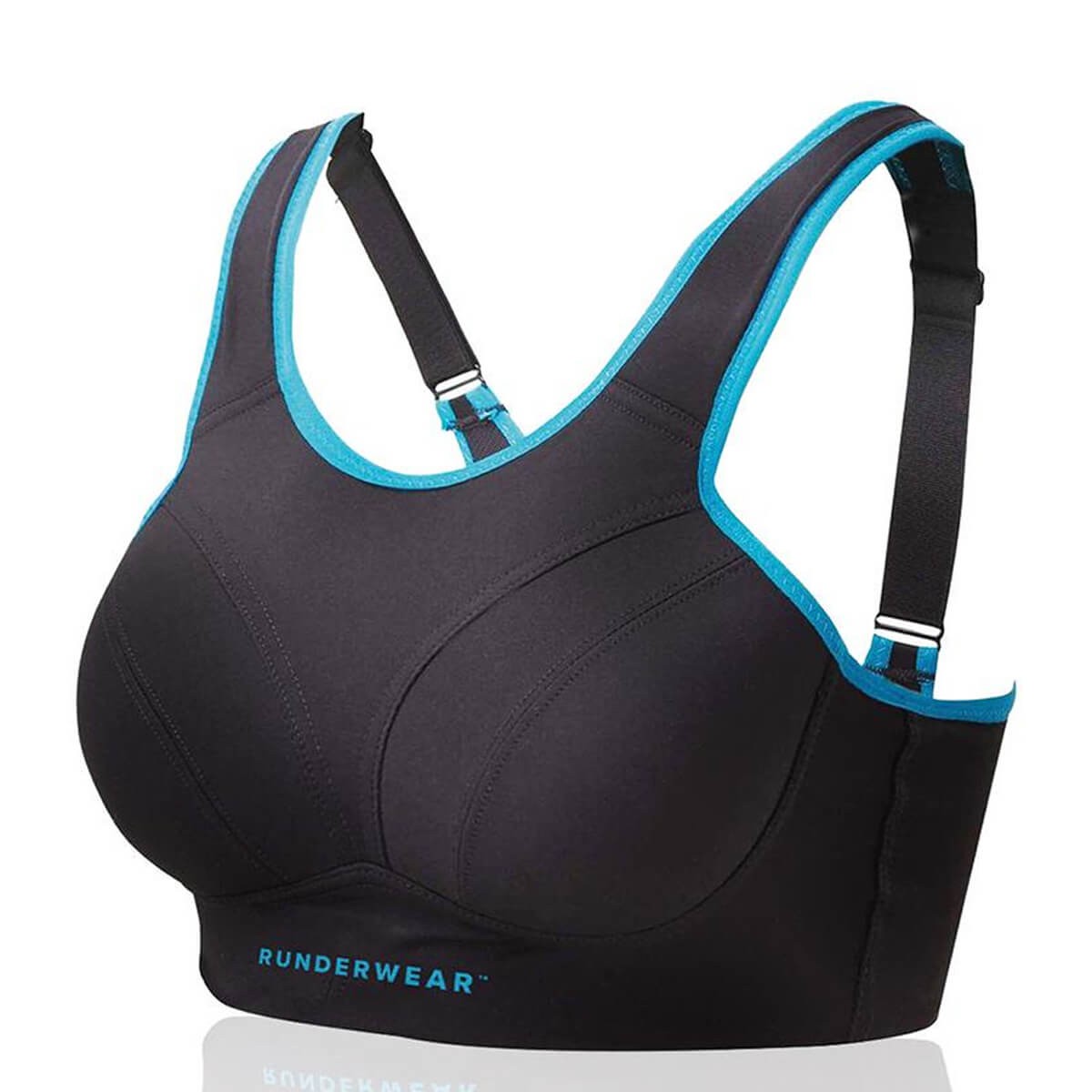 Black sports bra with blue accents, featuring adjustable straps, molded cups for support, and a soft, stretchy material designed for comfort during physical activity.