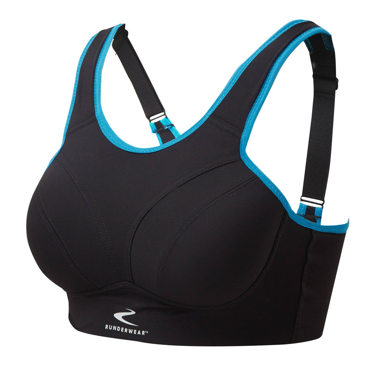 Black and blue Runderwear Easy on Support Runderbra in size 38 F, featuring a smooth fabric, wide straps, and a supportive design for active wear.
